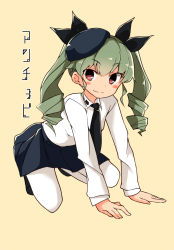 Rule 34 | 10s, 1girl, anchovy (girls und panzer), arm support, barashiya, beret, black cape, black footwear, black hat, black necktie, black ribbon, black skirt, blush stickers, cape, character name, closed mouth, collared shirt, drill hair, eyes visible through hair, full body, girls und panzer, green hair, hair between eyes, hair ribbon, hat, highres, kneeling, loafers, long hair, long sleeves, looking at viewer, miniskirt, necktie, pantyhose, pleated skirt, red eyes, ribbon, school uniform, shirt, shoes, simple background, skirt, smile, solo, translated, twin drills, twintails, white pantyhose, white shirt, yellow background