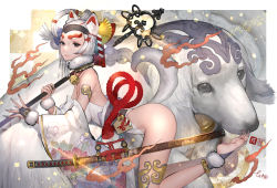 Rule 34 | 1girl, animal ears, bell, black eyes, collar, detached sleeves, dog, dog ears, dog girl, dog tail, fingerless gloves, fur trim, gloves, hair ornament, happy new year, headband, highleg, highleg leotard, highres, hitowa, holding, leotard, long sleeves, looking at viewer, neck bell, new year, original, rope, shimenawa, solo, strapless, strapless leotard, sword, tail, weapon, white hair