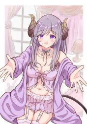 Rule 34 | 1girl, blush, breasts, cleavage, curtains, demon girl, demon horns, demon tail, highres, honey strap, horns, incoming hug, lamp, large breasts, lingerie, looking at viewer, medium breasts, mole, mole under mouth, nanashi inc., navel, open mouth, purple eyes, purple hair, saionji mary, shishishi, solo, stomach, tail, underwear, virtual youtuber, window