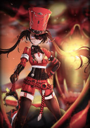 Rule 34 | 1girl, absurdres, belt, black hair, black thighhighs, bracelet, breasts, cleavage, cleavage cutout, clothing cutout, english text, eyepatch, garter straps, hand on own hip, hat, highres, jewelry, original, panamuru, shorts, smile, solo, spiked bracelet, spikes, standing, sword, thighhighs, top hat, twintails, weapon