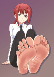 Rule 34 | 1girl, barefoot, chainsaw man, feet, long hair, looking at viewer, makima (chainsaw man), nush advance, red hair, smile, soles, toes, yellow eyes