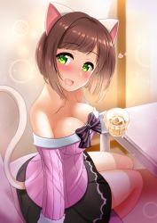 Rule 34 | 1girl, :d, animal ears, bare shoulders, black skirt, blush, bow, breasts, brown hair, cat ears, cat tail, cleavage, collarbone, commentary request, cup, fang, fur trim, green eyes, heart, heart-shaped pupils, highres, holding, holding cup, ice, idolmaster, idolmaster cinderella girls, indoors, kibihimi, large breasts, long sleeves, looking at viewer, maekawa miku, off-shoulder, off-shoulder sweater, off shoulder, open mouth, ribbed sweater, short hair, sitting, skirt, smile, solo, striped, striped bow, sweater, symbol-shaped pupils, tail