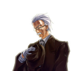 Rule 34 | 1boy, facial hair, formal, gloves, hat, hayate no gotoku!, klaus seishirou, male focus, mustache, solo, suit, white background, white hair, yellow eyes