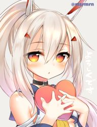 Rule 34 | 1girl, ayanami (azur lane), azur lane, bad id, bad pixiv id, bare shoulders, black choker, blonde hair, blush, box, breasts, chestnut mouth, choker, commentary request, crop top, detached sleeves, fingernails, gift, gift box, grey background, hair between eyes, hair ornament, headgear, heart-shaped box, high ponytail, holding, holding gift, light brown hair, long hair, long sleeves, looking at viewer, mashiro miru, orange eyes, parted lips, ponytail, school uniform, serafuku, shirt, sidelocks, simple background, small breasts, solo, translation request, twitter username, underboob, upper body, valentine, white shirt, yellow neckwear