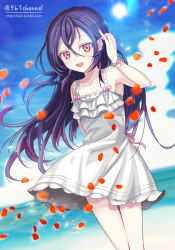 Rule 34 | 1girl, arm behind back, bare shoulders, beach, black hair, blue sky, blush, borrowed character, cloud, collarbone, cowboy shot, cthulhu mythos, day, dress, eyebrows, frilled dress, frills, gradient hair, hair between eyes, tucking hair, kuroi nyan, long hair, looking at viewer, multicolored eyes, multicolored hair, nyarlathotep, ocean, open mouth, original, outdoors, outstretched arms, petals, popia jashin, red eyes, red hair, sky, smile, solo, sun, twitter username, watermark, web address, white dress, wind, wind lift, wristband