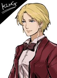 Rule 34 | 1girl, blonde hair, blue eyes, character name, earrings, formal, half-closed eyes, jewelry, king (snk), kurumi sawa, ryuuko no ken, short hair, smile, snk, solo, suit, the king of fighters, upper body, white background