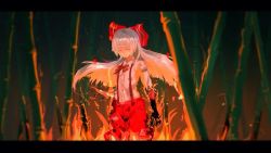 Rule 34 | 1girl, albino, bamboo, bamboo forest, bow, burnt clothes, closed eyes, fire, forest, fujiwara no mokou, hair bow, hair ornament, hair ribbon, kaatoso, letterboxed, long hair, long sleeves, nature, pants, ribbon, shirt, solo, touhou, vest, white hair