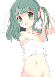 Rule 34 | 1girl, :o, arms up, bare arms, bare shoulders, blunt bangs, blush, bottomless, bow, breasts, camisole, crop top, futaba sana, green eyes, green hair, hairdressing, hand in own hair, inasa orange, magia record: mahou shoujo madoka magica gaiden, mahou shoujo madoka magica, medium hair, navel, open mouth, red bow, side ponytail, sidelocks, sideways glance, simple background, small breasts, solo, upper body, wavy hair, white background, white camisole