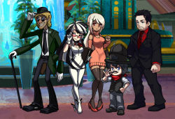 Rule 34 | 2girls, 3boys, adjusting eyewear, ankle wings, black hair, black legwear, boots, breasts, cane, character request, cleavage, crossed legs, dark skin, detached sleeves, dress, extra arms, facial hair, formal, gloves, goatee, grin, hair ornament, hairclip, hand in pocket, hand on own hip, hat tip, high heels, lab zero games, long hair, looking at viewer, medium breasts, multicolored hair, multiple boys, multiple girls, mustache, necktie, official art, original, pigeon-toed, pointy ears, red eyes, shoes, skullgirls, smile, standing, stubble, suit, sunglasses, sweater, sweater dress, thigh boots, thighhighs, touching mustache, turtleneck, two-tone hair, watson cross, white gloves, white hair, white legwear, wings, zettai ryouiki