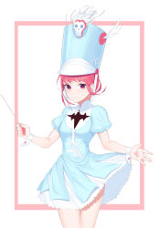 Rule 34 | 1girl, absurdres, bare arms, breasts, commentary, cowboy shot, dress, framed, frills, hat, highres, holding, jakuzure nonon, kill la kill, light blue dress, looking at viewer, medium breasts, outside border, pink eyes, pink hair, puffy short sleeves, puffy sleeves, shako cap, short hair, short sleeves, sidelocks, simple background, skull, smile, solo, white background, wrist cuffs, zukumo aru3u