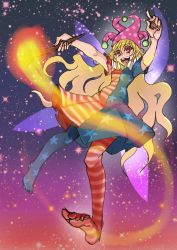 Rule 34 | 1girl, american flag dress, american flag legwear, blonde hair, clownpiece, dress, fairy wings, feet, fire, flying, gradient background, hat, jester cap, long hair, neck ruff, open mouth, pantyhose, playbay, red eyes, short dress, short sleeves, solo, star (symbol), starry background, striped clothes, striped pantyhose, torch, touhou, very long hair, wavy hair, wings