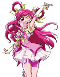 Rule 34 | 00s, 1girl, ;d, arm up, bike shorts, bike shorts under skirt, brooch, cure dream, dress, eyelashes, gloves, hair ribbon, hair rings, happy, jewelry, long hair, magical girl, one eye closed, open mouth, pink hair, pink shorts, pointing, precure, purple eyes, ribbon, shorts, shorts under skirt, sinko (sinsin), skirt, smile, solo, white background, white dress, white skirt, wink, yes! precure 5, yumehara nozomi