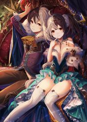Rule 34 | 1boy, 1girl, 4th, ahoge, arm up, brown eyes, brown hair, crown, diadem, dress, finger to mouth, flat chest, garter straps, grin, highres, jewelry, long hair, looking at viewer, multicolored hair, original, ring, short hair, silver hair, sitting, smile, split-color hair, strapless, strapless dress, thighhighs, twintails, two-tone hair, white thighhighs