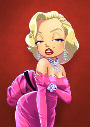 Rule 34 | 1girl, blonde hair, blue eyes, bow, breasts, choker, cleavage, dress, earrings, gloves, half-closed eyes, highres, jewelry, leaning forward, looking at viewer, marilyn monroe, medium breasts, mole, mole on cheek, necklace, oira wa arumajiro, open mouth, pink bow, pink dress, pink gloves, real life, red background, red lips, short hair, sparkle, standing, strapless, strapless dress, teeth, waist bow