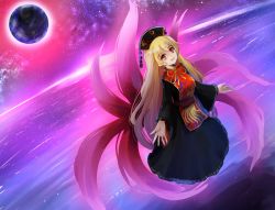 Rule 34 | 1girl, aura, black dress, blonde hair, breasts, chinese clothes, commentary request, crescent, dress, earth (planet), energy, flying, junko (touhou), kachuten, long dress, long hair, long sleeves, medium breasts, moon, multiple tails, parted lips, phoenix crown, planet, pom pom (clothes), red eyes, red sash, red tabard, ribbon, sash, solo, space, tabard, tail, touhou, very long hair, wide sleeves, yellow ribbon
