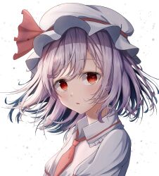 Rule 34 | 1girl, absurdres, blush, bow, collared shirt, dfd, embodiment of scarlet devil, frilled shirt collar, frills, hat, highres, light blush, light purple hair, mob cap, neckerchief, open mouth, red eyes, red neckerchief, remilia scarlet, ribbon, shirt, short hair, short sleeves, simple background, solo, touhou, white background, white hat, white shirt