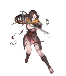 Rule 34 | 1girl, armor, breasts, brown eyes, brown hair, cleavage, dagger, female focus, fire emblem, fire emblem fates, fire emblem heroes, full body, greaves, hair over one eye, highres, holding, holding dagger, holding knife, holding weapon, injury, kagero (fire emblem), knife, lack, large breasts, long hair, ninja, nintendo, no socks, official art, ponytail, ryona, sandals, scar, scarf, solo, teeth, torn clothes, transparent background, weapon
