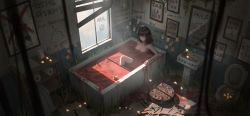 Rule 34 | 1girl, ahoge, arrow (symbol), bath, bathing, bathtub, black forest cake, black hair, blurry, blurry foreground, breasts, brown eyes, cake, chocolate cake, commentary, crying, crying with eyes open, depth of field, english commentary, english text, faucet, food, from above, hair between eyes, happy birthday, highres, indoors, knife, long hair, medium breasts, meme, mirror, original, partially submerged, plant, poop, portal (series), portal 1, rubber duck, sink, soap bottle, solo, star (symbol), sun symbol, tears, the cake is a lie (meme), toilet, towel, translation request, window, yurichtofen