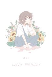 Rule 34 | 1girl, absurdres, blue eyes, brown hair, crossed legs, english text, flower, highres, looking at viewer, love live!, love live! sunshine!!, meiqvq, overalls, shoes, short hair, simple background, solo, watanabe you, wavy hair, white background