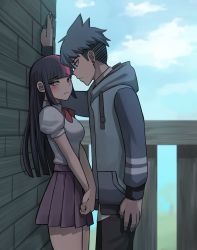 Rule 34 | 1boy, 1girl, black hair, blue hair, blue hoodie, blue nails, blue sky, blush, cloud, crossover, ear piercing, hand on wall, height difference, highres, hood, hoodie, humanization, jourd4n, kabedon, long hair, looking at another, looking to the side, meme, mordecai (regular show), mordetwi (meme), multicolored hair, my little pony, my little pony: friendship is magic, nail polish, necktie, own hands clasped, own hands together, piercing, pink hair, purple skirt, regular show, school uniform, shirt, short hair, shy, skirt, sky, spiked hair, twilight sparkle, white shirt