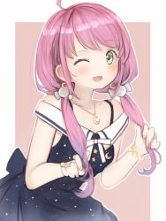 Rule 34 | 1girl, :d, ahoge, black dress, blush, bracelet, crescent, crescent necklace, dress, green eyes, highres, himemori luna, himemori luna (sundress), hololive, jewelry, looking at viewer, low twintails, nanashi (nlo), necklace, one eye closed, open mouth, pink hair, simple background, smile, solo, starry sky print, twintails, upper body, virtual youtuber, white background