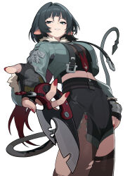 1girl absurdres animal_ears black_gloves black_shorts blunt_bangs breasts brown_pantyhose brown_thighhighs cowboy_shot fingerless_gloves from_below fur-trimmed_jacket fur_trim gloves green_eyes green_hair green_jacket high-waist_shorts highres holding holding_weapon jacket jane_doe_(zenless_zone_zero) large_breasts looking_at_viewer mouse_ears mouse_girl mouse_tail multicolored_hair nail_polish pantyhose parted_lips red_hair red_nails shorts sidelocks sigolbyeol simple_background single_leg_pantyhose single_thighhigh smile solo tail thighhighs torn_clothes torn_pantyhose torn_thighhighs two-tone_hair weapon white_background zenless_zone_zero