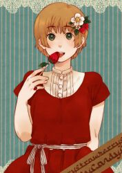 Rule 34 | bad id, bad pixiv id, brown hair, flower, food, food-themed clothes, fruit, green eyes, mosuko, solo, strawberry