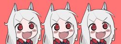 Rule 34 | 3girls, animal ears, blush, cerberus (helltaker), dog ears, dog girl, gyate gyate, helltaker, long hair, multiple girls, necktie, open mouth, red background, red eyes, siblings, simple background, sisters, soup-plz, v-shaped eyebrows, waistcoat, white hair