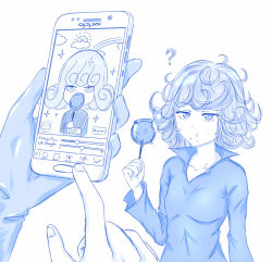Rule 34 | 1boy, 1girl, :t, ?, blue theme, breasts, candy apple, cellphone, chibi, curly hair, eating, food, food on face, gloves, highres, monochrome, one-punch man, phone, saitama (one-punch man), simple background, single glove, small breasts, smartphone, sparkle, tatsumaki, viperxtr, white background