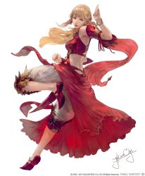 Rule 34 | 1girl, artist name, bare shoulders, blonde hair, blue eyes, bracelet, clenched hand, clothing cutout, copyright name, copyright notice, detached sleeves, dress, earrings, fighting stance, final fantasy, final fantasy xiv, floating hair, full body, hand up, highres, jewelry, leg up, long hair, looking at viewer, lyse hext, mogi yuusuke, monk (final fantasy), official art, open mouth, ponytail, red dress, red footwear, salute, shoes, shorts, sidelocks, signature, single earring, solo, standing, standing on one leg, stomach cutout, transparent background, two-finger salute, white shorts