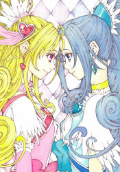 Rule 34 | 2girls, aida mana, blonde hair, blue bow, blue eyes, blue hair, bow, brooch, choker, colored pencil (medium), couple, cure diamond, cure heart, dokidoki! precure, earrings, eye contact, face-to-face, forehead-to-forehead, heads together, heart, heart brooch, hishikawa rikka, jewelry, light smile, lips, long hair, looking at another, multiple girls, pink bow, pink eyes, ponytail, precure, profile, sayococco, smile, traditional media, yuri