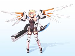 Rule 34 | &gt;:&gt;, 1girl, :&gt;, bare shoulders, blade, blonde hair, blue eyes, blush, boots, clothes writing, energy cannon, full body, headgear, highres, hurapan, joints, mecha musume, mechanical wings, original, robot ears, robot joints, shadow, short hair, single hair intake, skin tight, solo, thigh boots, thighhighs, v-shaped eyebrows, white background, wings