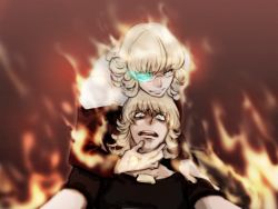 Rule 34 | 10s, 2boys, bad id, bad pixiv id, barnaby brooks jr., blonde hair, burning, dual persona, fire, glasses, glowing, glowing eyes, gradient background, green eyes, jacket, jewelry, male focus, multiple boys, necklace, red jacket, shirt, shouki, spoilers, surkel, t-shirt, tattoo, tiger &amp; bunny, upper body