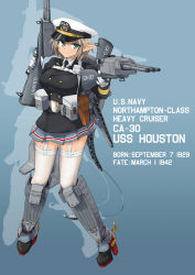 Rule 34 | 1girl, bad id, bad pixiv id, belt, breasts, brown hair, cannon, character name, dakku (ogitsune), dual wielding, garter straps, gloves, green eyes, gun, hat, holding, jacket, large breasts, original, personification, pointy ears, propeller, short hair, skirt, solo, spurs, thighhighs, uniform, united states navy, uss houston, uss houston (ca-30), weapon, world war ii, zettai ryouiki