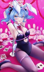 Rule 34 | 1girl, :d, absurdres, ace (playing card), ace of spades, animal ears, arm strap, armpits, arms behind head, arms up, bare shoulders, black leotard, blue eyes, blue hair, blush, bow, bowtie, breasts, card, cleavage, clothing cutout, detached collar, full body, hair between eyes, hair ornament, hairband, hatsune miku, heart cutout, heart o-ring, high heels, highres, king (playing card), king of spades, legs apart, leotard, long hair, looking at viewer, medium breasts, medium hair, multicolored hair, nail polish, on floor, open mouth, pantyhose, pink background, pink bow, pink bowtie, pink hair, pink nails, playing card, pole, queen (playing card), queen of clubs, queen of diamonds, rabbit ears, rabbit girl, rabbit hair ornament, rabbit hole (vocaloid), rabbit tail, sitting, small breasts, smile, solo, spade (shape), spaghetti strap, stomach cutout, stripper pole, stuffed animal, stuffed rabbit, stuffed toy, tail, thigh strap, thighs, twintails, two-tone hair, umi chi, vocaloid, white hairband, x hair ornament