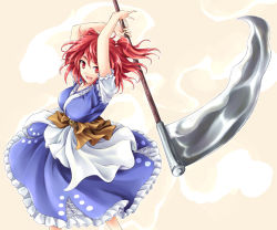 Rule 34 | 1girl, coin, female focus, hair bobbles, hair ornament, hitodama, onozuka komachi, red eyes, red hair, sakimiya (inschool), scythe, smile, solo, touhou, twintails, two side up