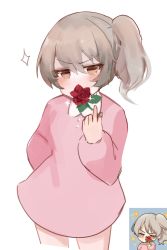 Rule 34 | 1girl, bad id, bad pixiv id, blush, brown eyes, brown hair, collared dress, commentary request, copyright request, covered mouth, cropped legs, dokomon, dress, flower, flower over mouth, hair between eyes, highres, holding, holding flower, kindergarten uniform, korean commentary, long sleeves, multiple views, pink dress, puffy long sleeves, puffy sleeves, red flower, red rose, rose, simple background, sparkle, v-shaped eyebrows, white background