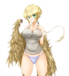 Rule 34 | 1girl, bare shoulders, blue panties, breasts, cameltoe, cleavage, covered erect nipples, e-kichi, feathered wings, green eyes, groin, harpy, huge breasts, large breasts, monster girl, no pants, original, panties, pink panties, pointy ears, ponytail, short hair, solo, tank top, taut clothes, underwear, winged arms, wings