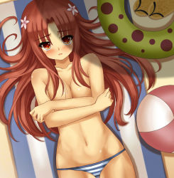 Rule 34 | 1girl, bad id, bad pixiv id, ball, beachball, bikini, bikini bottom only, blush, breast hold, breasts, brown hair, covering breasts, covering privates, flower, hair flower, hair ornament, lying, navel, no bra, on back, open mouth, original, solo, striped bikini, striped clothes, swimsuit, tonee, topless