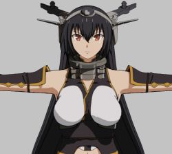 Rule 34 | 10s, 1girl, 3d, bad id, bad pixiv id, black hair, breasts, brown eyes, expressionless, female focus, grey background, headgear, kantai collection, large breasts, long hair, looking at viewer, mumumu (atama07237029), nagato (kancolle), outstretched arms, simple background, sleeveless, solo, spread arms, symmetry, upper body, very long hair
