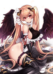 Rule 34 | 1girl, angel, angel wings, black gloves, black leotard, black thighhighs, black wings, blush, boots, breasts, checkered floor, closed mouth, elbow gloves, fallen angel, feathers, frills, gloves, hair ribbon, highres, horns, large breasts, leotard, light brown hair, long hair, looking at viewer, original, red eyes, ribbon, smile, solo, thigh boots, thigh strap, thighhighs, thighs, twintails, untue, very long hair, white ribbon, wings