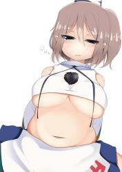 Rule 34 | 1girl, adapted costume, bad id, bad twitter id, bare shoulders, belly, blue eyes, blush, breasts, crop top, detached sleeves, grey hair, highres, large breasts, looking at viewer, midriff, miniskirt, mononobe no futo, navel, open mouth, plump, skirt, sleepy, solo, takimoto yukari, touhou, underboob