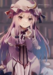 Rule 34 | 1girl, blue bow, blurry, blurry background, bookshelf, bow, capelet, closed mouth, crescent, crescent hat ornament, dress, hair bow, hat, hat ornament, highres, indoors, library, long hair, long sleeves, looking at viewer, mob cap, natsume suzuri, patchouli knowledge, purple capelet, purple dress, purple eyes, purple hair, purple hat, red bow, sidelocks, smile, solo, striped clothes, striped dress, touhou, twitter username