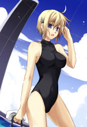 Rule 34 | 1girl, adjusting hair, ahoge, bad id, bad pixiv id, blonde hair, blue eyes, blush, breasts, cloud, collarbone, competition swimsuit, day, hair ornament, koukaku no regios, kuruma (rk), large breasts, nina antalk, one-piece swimsuit, open mouth, short hair, sky, solo, standing, swimsuit, wet