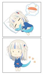 Rule 34 | 1girl, 2koma, = =, animal costume, barefoot, biting, biting own tail, blue hair, blue hoodie, blunt bangs, chibi, comic, commentary request, dreaming, drooling, fins, fish tail, flying sweatdrops, food, gawr gura, gawr gura (1st costume), grey hair, hair ornament, highres, hololive, hololive english, hood, hoodie, long sleeves, lying, medium hair, multicolored hair, no nose, notice lines, nzmtarou, on side, pillow, shark girl, shark hair ornament, shark print, shark tail, sidelocks, sleeping, streaked hair, sushi, tail, tail biting, thought bubble, two side up, virtual youtuber, wide sleeves