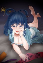Rule 34 | 1girl, absurdres, ass, bad perspective, barefoot, blue dress, blue eyes, blue hair, blush, breasts, cleavage, collarbone, cum, dress, drill hair, facial, feet, feet up, female focus, hair between eyes, hair ornament, hair rings, hair stick, highres, kaku seiga, large breasts, legs up, looking at viewer, lying, mizuki mukawa, nail polish, ofuda, on stomach, puffy short sleeves, puffy sleeves, short hair, short sleeves, soles, solo, the pose, toenails, touhou, vest, white vest
