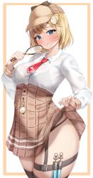 Rule 34 | 1girl, absurdres, arm up, black panties, black thighhighs, blonde hair, blue eyes, border, breasts, clothes lift, dress shirt, hair ornament, hat, highres, holding, hololive, hololive english, large breasts, lifted by self, lomocya, long sleeves, looking at viewer, magnifying glass, necktie, open mouth, panties, plaid, red necktie, shirt, shirt tucked in, short hair, short necktie, simple background, skirt, skirt lift, smile, solo, syringe, thigh strap, thighhighs, thighs, tongue, tongue out, underwear, virtual youtuber, watson amelia, white background, white shirt, zettai ryouiki