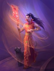 Rule 34 | 1boy, black hair, blood elf (warcraft), cat, elf, fantasy, glowing, glowing eyes, grand magister rommath, green eyes, highres, long eyebrows, long pointy ears, mage (warcraft), pointy ears, shauniraven, third-party source, warcraft, world of warcraft