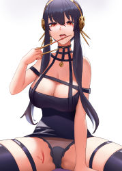 Rule 34 | 1girl, absurdres, bad id, bad pixiv id, between fingers, black dress, black hair, black panties, blood, bloody weapon, breasts, buyong22, dagger, dress, flower, gold hairband, hair flower, hair ornament, hairband, highres, holding, holding dagger, holding knife, holding weapon, knife, large breasts, licking, licking blood, licking weapon, long hair, looking at viewer, open mouth, panties, red eyes, rose, sidelocks, sitting, solo, spikes, spread legs, spy x family, thighhighs, thighs, tongue, tongue out, underwear, weapon, yor briar
