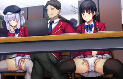 Rule 34 | 1boy, 2girls, advanced nurturing high school uniform, beret, black hair, black pants, black thighhighs, blazer, blue necktie, blush, bow, bow panties, censored, closed mouth, clothes lift, collared shirt, commentary request, computer, crossed legs, daiaru, double fingering, faceless, faceless male, female ejaculation, female orgasm, fingering, fingering through clothes, fingering through panties, garter straps, grey hair, groin, hair ribbon, hand in another&#039;s panties, hand up, hat, hetero, horikita suzune, indoors, jacket, laptop, library, long hair, long sleeves, mosaic censoring, multiple girls, necktie, on chair, open mouth, orgasm, panties, pants, pleated skirt, public indecency, pussy, pussy juice, red jacket, ribbon, sakayanagi arisu, school uniform, shirt, short hair, sitting, skirt, skirt lift, smile, spread legs, stealth fingering, thighhighs, through clothes, trembling, underwear, white panties, white ribbon, white shirt, white skirt, white thighhighs, youkoso jitsuryoku shijou shugi no kyoushitsu e